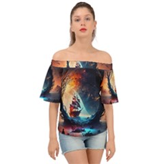 Tree Planet Moon Off Shoulder Short Sleeve Top by Ndabl3x