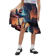 Tree Planet Moon Kids  Ruffle Flared Wrap Midi Skirt by Ndabl3x