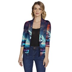 Tree Planet Moon Women s Draped Front 3/4 Sleeve Shawl Collar Jacket by Ndabl3x