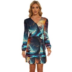 Tree Planet Moon Long Sleeve Waist Tie Ruffle Velvet Dress by Ndabl3x