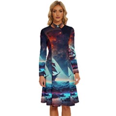 Tree Planet Moon Long Sleeve Shirt Collar A-line Dress by Ndabl3x