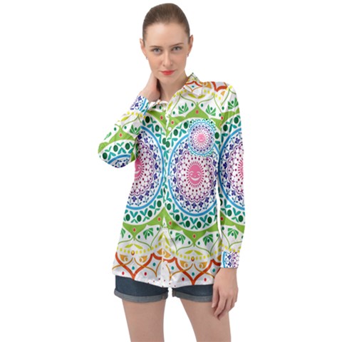 Mandala Pattern Rainbow Pride Long Sleeve Satin Shirt by Ndabl3x