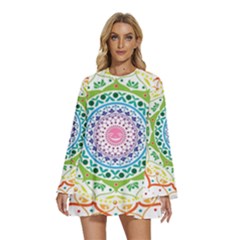 Mandala Pattern Rainbow Pride Round Neck Long Sleeve Bohemian Style Chiffon Mini Dress by Ndabl3x