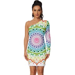 Mandala Pattern Rainbow Pride Long Sleeve One Shoulder Mini Dress by Ndabl3x