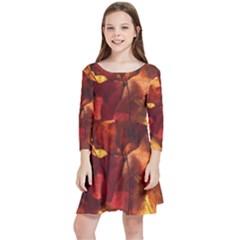 Leaves Fall Autumn Season Orange Kids  Quarter Sleeve Skater Dress by Ndabl3x