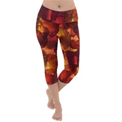 Leaves Fall Autumn Season Orange Lightweight Velour Capri Yoga Leggings by Ndabl3x