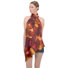 Leaves Fall Autumn Season Orange Halter Asymmetric Satin Top by Ndabl3x