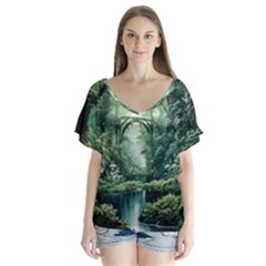 River Forest Wood Nature V-neck Flutter Sleeve Top by Ndabl3x