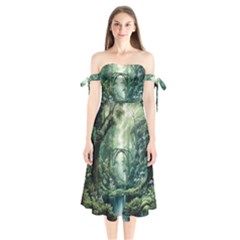 River Forest Wood Nature Shoulder Tie Bardot Midi Dress by Ndabl3x