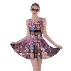 Moscow Kremlin Saint Basils Cathedral Architecture  Building Cityscape Night Fireworks Skater Dress by Cowasu