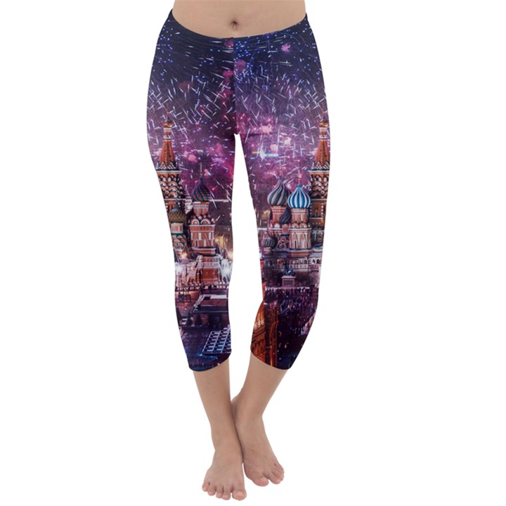 Moscow Kremlin Saint Basils Cathedral Architecture  Building Cityscape Night Fireworks Capri Winter Leggings 