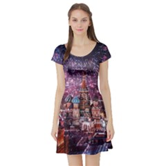 Moscow Kremlin Saint Basils Cathedral Architecture  Building Cityscape Night Fireworks Short Sleeve Skater Dress by Cowasu