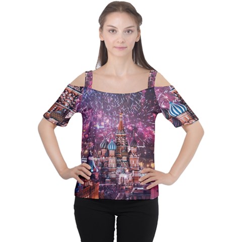 Moscow Kremlin Saint Basils Cathedral Architecture  Building Cityscape Night Fireworks Cutout Shoulder Tee by Cowasu