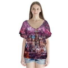 Moscow Kremlin Saint Basils Cathedral Architecture  Building Cityscape Night Fireworks V-neck Flutter Sleeve Top by Cowasu