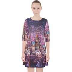 Moscow Kremlin Saint Basils Cathedral Architecture  Building Cityscape Night Fireworks Quarter Sleeve Pocket Dress by Cowasu