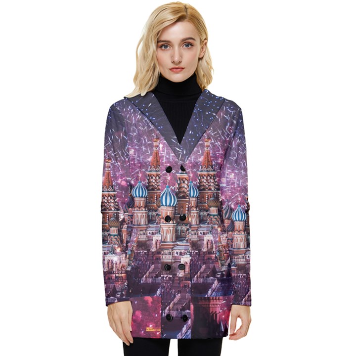 Moscow Kremlin Saint Basils Cathedral Architecture  Building Cityscape Night Fireworks Button Up Hooded Coat 