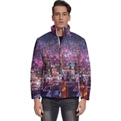 Moscow Kremlin Saint Basils Cathedral Architecture  Building Cityscape Night Fireworks Men s Puffer Bubble Jacket Coat by Cowasu