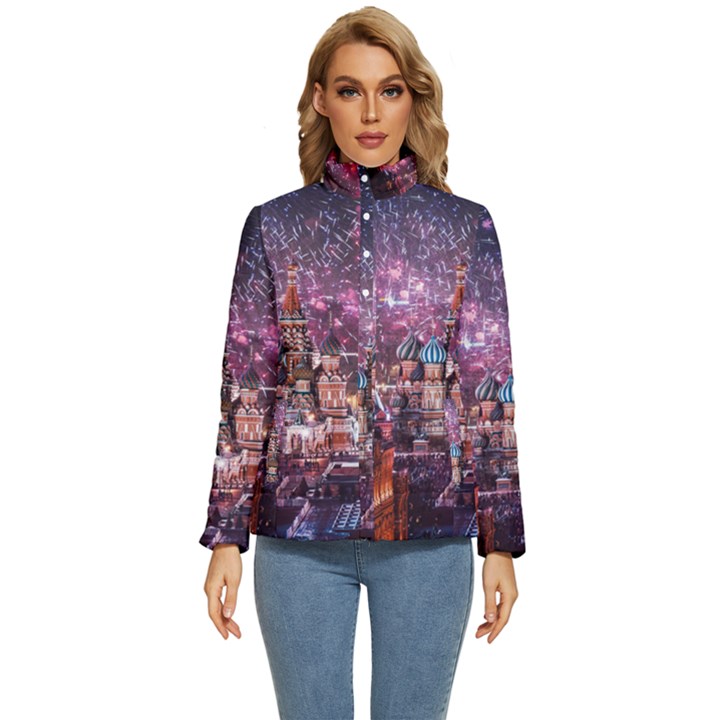 Moscow Kremlin Saint Basils Cathedral Architecture  Building Cityscape Night Fireworks Women s Puffer Bubble Jacket Coat