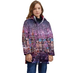 Moscow Kremlin Saint Basils Cathedral Architecture  Building Cityscape Night Fireworks Kids  Hooded Longline Puffer Jacket by Cowasu