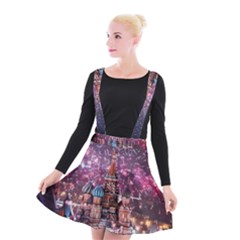 Moscow Kremlin Saint Basils Cathedral Architecture  Building Cityscape Night Fireworks Suspender Skater Skirt by Cowasu