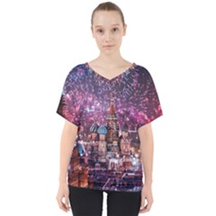 Moscow Kremlin Saint Basils Cathedral Architecture  Building Cityscape Night Fireworks V-neck Dolman Drape Top by Cowasu