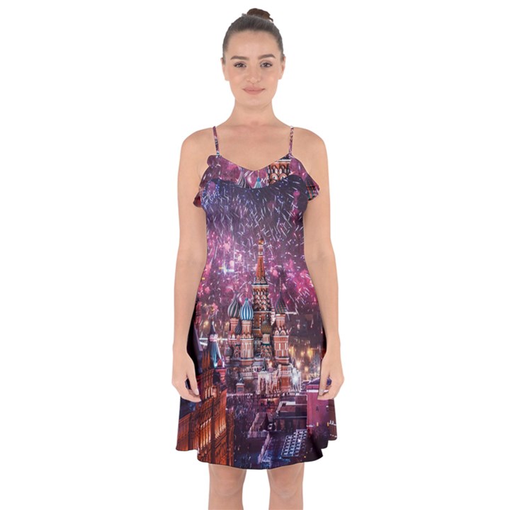 Moscow Kremlin Saint Basils Cathedral Architecture  Building Cityscape Night Fireworks Ruffle Detail Chiffon Dress