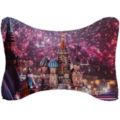 Moscow Kremlin Saint Basils Cathedral Architecture  Building Cityscape Night Fireworks Seat Head Rest Cushion by Cowasu