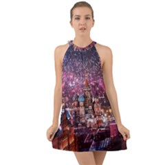 Moscow Kremlin Saint Basils Cathedral Architecture  Building Cityscape Night Fireworks Halter Tie Back Chiffon Dress by Cowasu