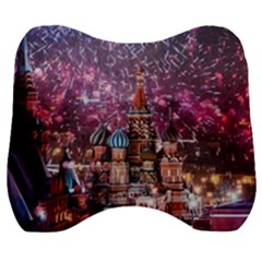 Moscow Kremlin Saint Basils Cathedral Architecture  Building Cityscape Night Fireworks Velour Head Support Cushion by Cowasu