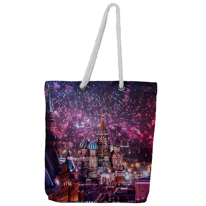 Moscow Kremlin Saint Basils Cathedral Architecture  Building Cityscape Night Fireworks Full Print Rope Handle Tote (Large)