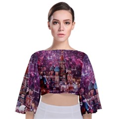 Moscow Kremlin Saint Basils Cathedral Architecture  Building Cityscape Night Fireworks Tie Back Butterfly Sleeve Chiffon Top by Cowasu