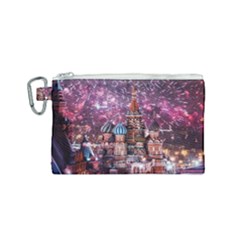 Moscow Kremlin Saint Basils Cathedral Architecture  Building Cityscape Night Fireworks Canvas Cosmetic Bag (small) by Cowasu