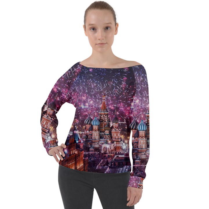 Moscow Kremlin Saint Basils Cathedral Architecture  Building Cityscape Night Fireworks Off Shoulder Long Sleeve Velour Top