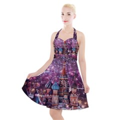 Moscow Kremlin Saint Basils Cathedral Architecture  Building Cityscape Night Fireworks Halter Party Swing Dress  by Cowasu