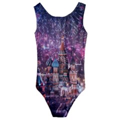 Moscow Kremlin Saint Basils Cathedral Architecture  Building Cityscape Night Fireworks Kids  Cut-out Back One Piece Swimsuit by Cowasu