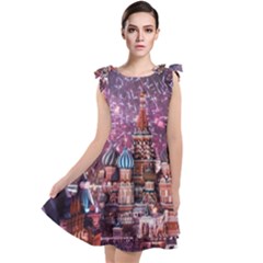 Moscow Kremlin Saint Basils Cathedral Architecture  Building Cityscape Night Fireworks Tie Up Tunic Dress by Cowasu