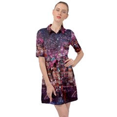 Moscow Kremlin Saint Basils Cathedral Architecture  Building Cityscape Night Fireworks Belted Shirt Dress by Cowasu