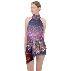 Moscow Kremlin Saint Basils Cathedral Architecture  Building Cityscape Night Fireworks Halter Asymmetric Satin Top by Cowasu