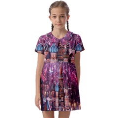 Moscow Kremlin Saint Basils Cathedral Architecture  Building Cityscape Night Fireworks Kids  Asymmetric Collar Dress by Cowasu