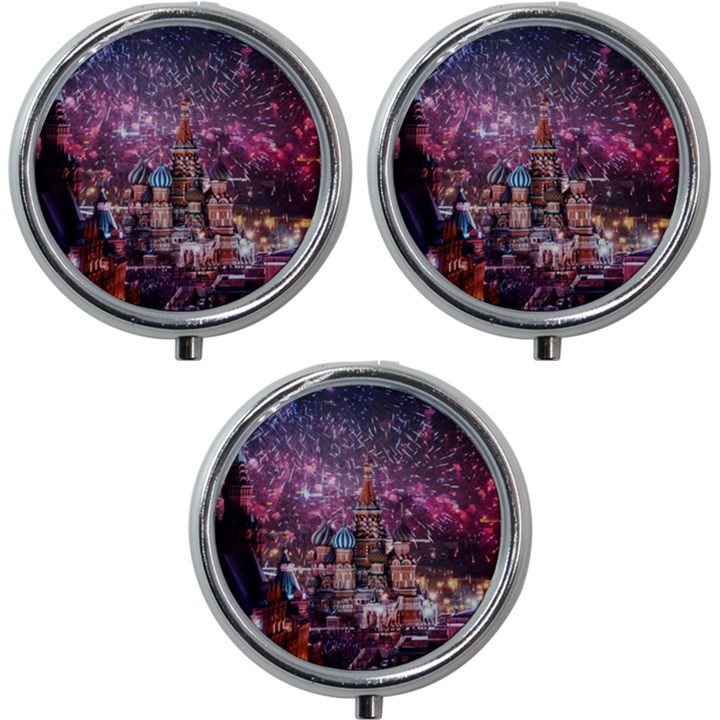 Moscow Kremlin Saint Basils Cathedral Architecture  Building Cityscape Night Fireworks Mini Round Pill Box (Pack of 3)