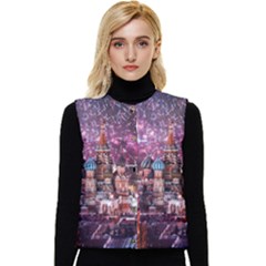 Moscow Kremlin Saint Basils Cathedral Architecture  Building Cityscape Night Fireworks Women s Short Button Up Puffer Vest by Cowasu