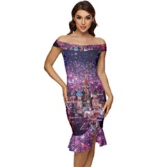 Moscow Kremlin Saint Basils Cathedral Architecture  Building Cityscape Night Fireworks Off Shoulder Ruffle Split Hem Bodycon Dress by Cowasu