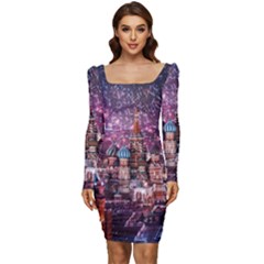 Moscow Kremlin Saint Basils Cathedral Architecture  Building Cityscape Night Fireworks Women Long Sleeve Ruched Stretch Jersey Dress by Cowasu