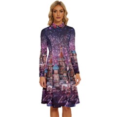 Moscow Kremlin Saint Basils Cathedral Architecture  Building Cityscape Night Fireworks Long Sleeve Shirt Collar A-line Dress by Cowasu