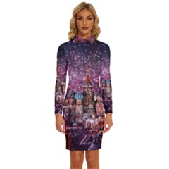 Moscow Kremlin Saint Basils Cathedral Architecture  Building Cityscape Night Fireworks Long Sleeve Shirt Collar Bodycon Dress by Cowasu