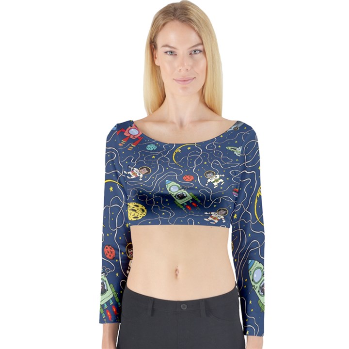 Cat Cosmos Cosmonaut Rocket Long Sleeve Crop Top