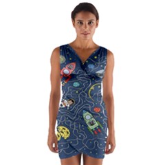 Cat Cosmos Cosmonaut Rocket Wrap Front Bodycon Dress by Cowasu