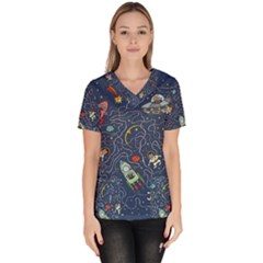 Cat Cosmos Cosmonaut Rocket Women s V-neck Scrub Top by Cowasu