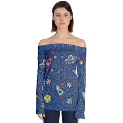 Cat Cosmos Cosmonaut Rocket Off Shoulder Long Sleeve Top by Cowasu