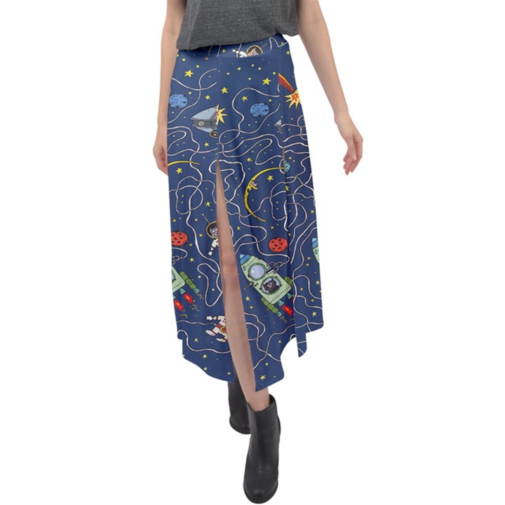 Cat Cosmos Cosmonaut Rocket Velour Split Maxi Skirt